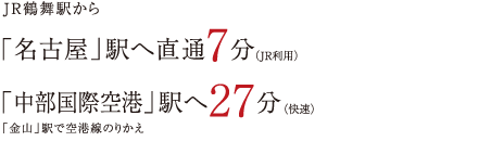 JR鶴舞駅から「名古屋」駅へ直通7分（JR利用）、「中部国際空港」駅へ27分（快速）